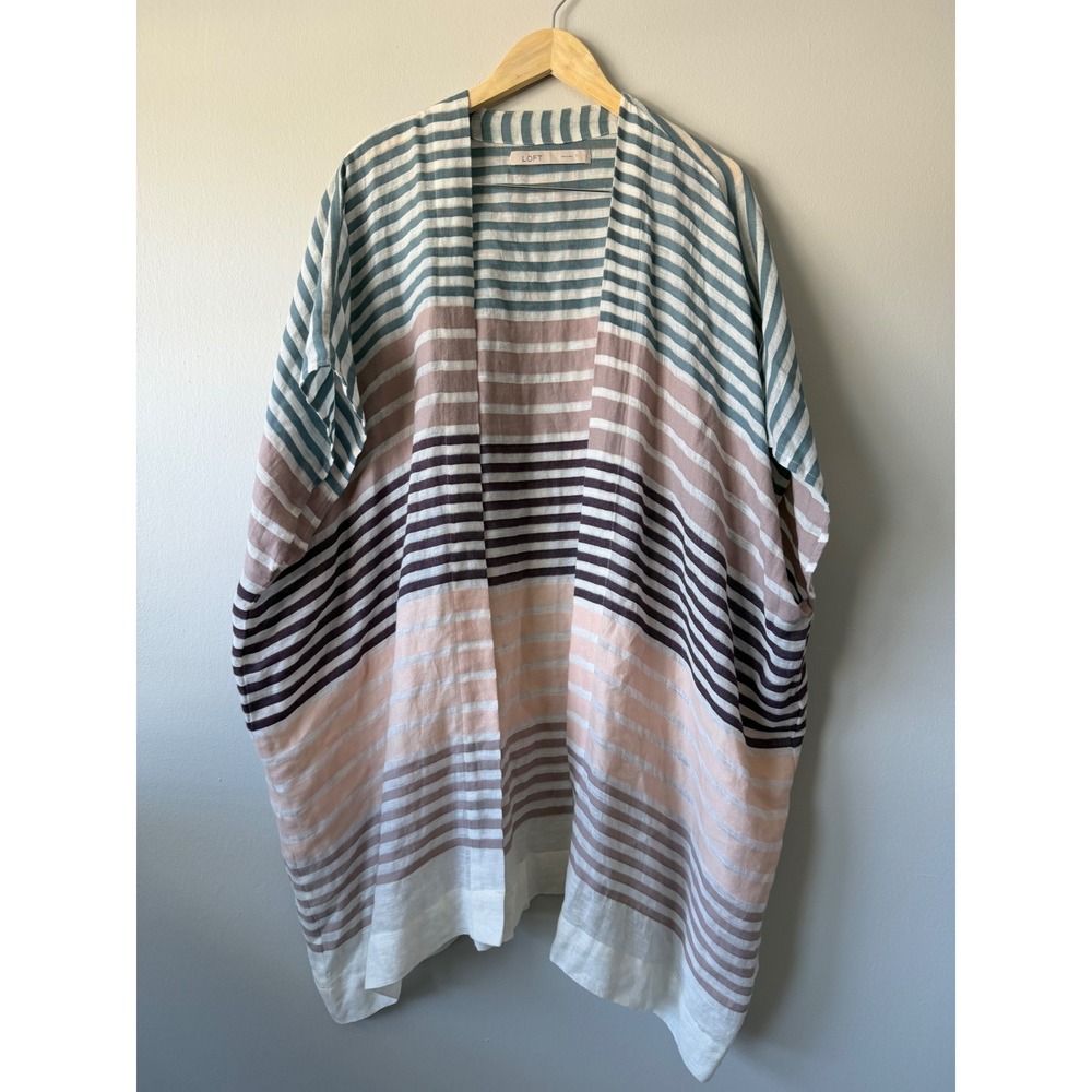 LOFT Striped Open Front Kimono Wrap Cotton Linen Blend Multi Color One Size